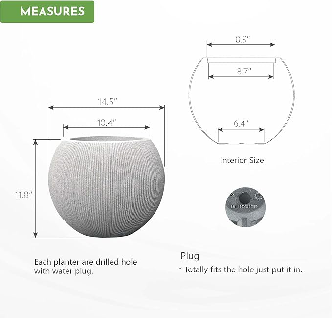 14.5"Dia Large Gray Round Plastic Planter with Drainage Hole & Plug, Textured Lightweight Plant Pot, Shatterproof & UV Resistant for Indoor Outdoor Patio, Modern Decor (11.8"H x 8.9" Opening)