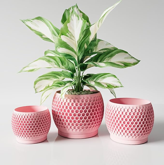 Plant Pots, Modern 3D Printed Honeycomb Planters for Indoor Plants, 4.7/6/8 Inch Cherry Pink Decorative Flower Pot for Office Desktop, Bookshelf & Home Decor, Lightweight & Durable.