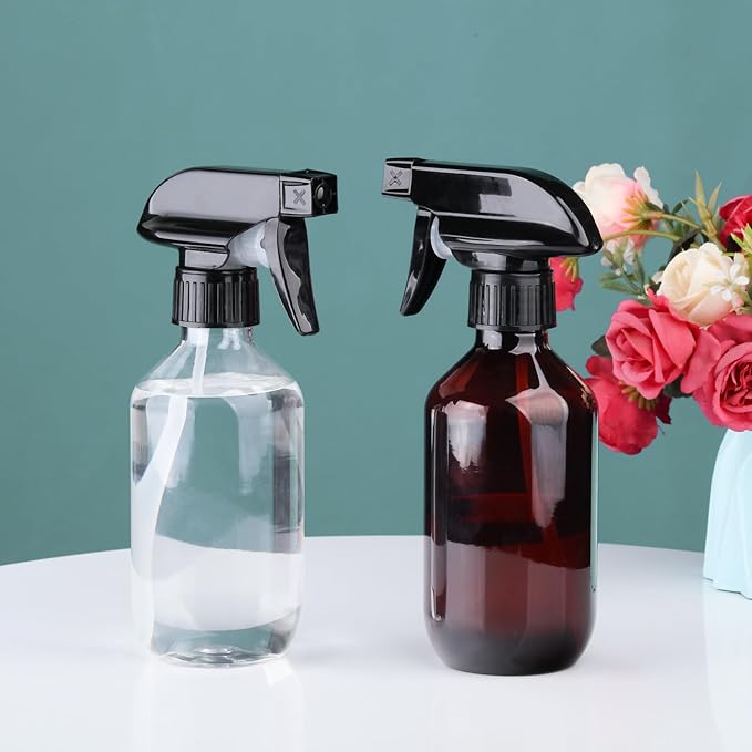 Plastic Spray Bottles Clear and Brown Refillable Container Empty Spray Bottle 10oz/300ml Adjustable Head Sprayer and Stream for Cleaning Products, Plants, Pet, Hair