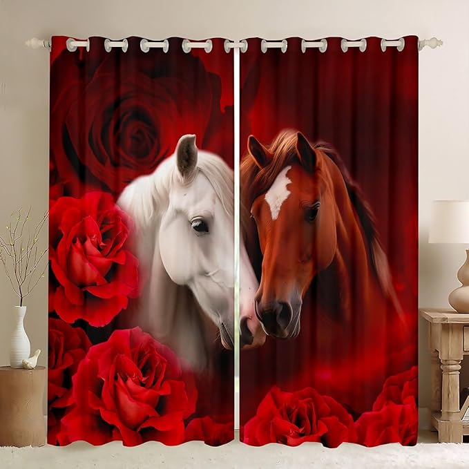 White Brown Horse Curtains & Drapes,3D Farmhouse Animal Blackout Curtains,Western Wild Animals Window Curtains 2 Panels 52" Wx63 L, Rose Romantic Flowers Window Treatments Nature Safari Theme Decor