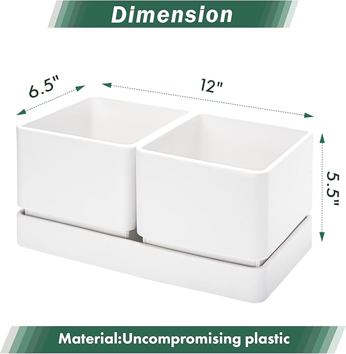 D'vine Dev Indoor Herb Garden Planter Set, Plastic Windowsill Plant Pots with Drainage and Saucer, Indoor Succulent Cactus Vegetable Pot for Balcony, Office, Garden, White, Set of 1, 76-Q-A-1