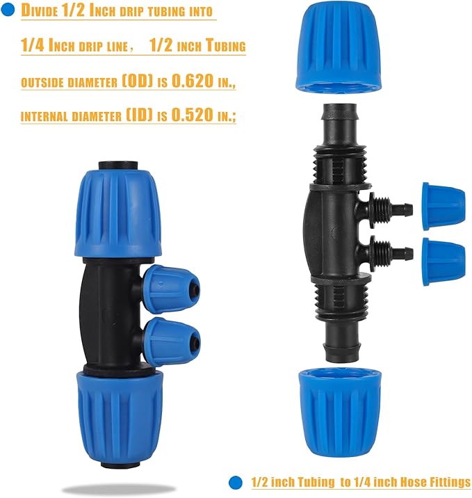 10 Pcs 1/2 to 1/4 inch Garden Hose Tubing Irrigation Fittings,4-Way Anti-Leak 1/2'' to 1/4'' Locked Barbed Drip Irrigation Tee Connectors (1/2"IDx0.6-0.63"OD) 1/2'' to 1/4'' Irrigation Tubing Fitting