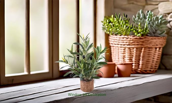 Indoor Fake Olive Plant 12 inch Faux Silk Leaves with Black Rustic Planter Medium Size Perfect Artificial Olive Fruits with Realistic Trunk and Lifelike Stems for Home and Office Decor