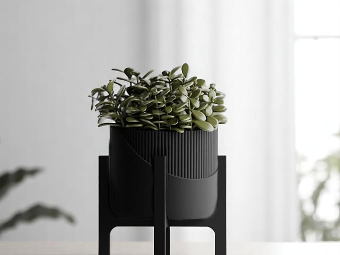 Modern Geometric Planter with Stand – Decorative Indoor Plant Pot with Ridged Top & Smooth Bottom, Stylish Planter for Succulents, Herbs, Small Plants (Black - Smooth Body with Ridges and Stand)