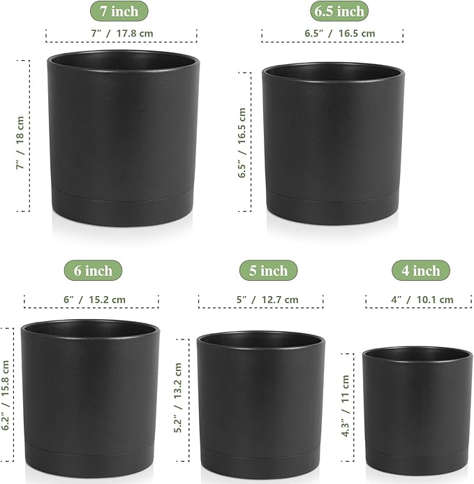 Meowell 7/6.5/6/5/4 inch Plant Pots for Small Indoor Outdoor Plants, 5 Pack Cylinder Flower Pots with Drainage Holes and Saucers, Plastic Planters for Garden Succulent House Plants, Black