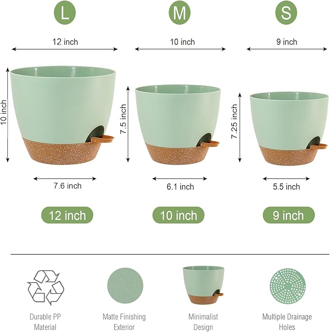 UOUZ Large Self Watering Pots, 12/10/9 Plastic Planters with High Drainage Holes and Deep Reservoir for Indoor Outdoor Garden Plants and Flowers, Green with Brown