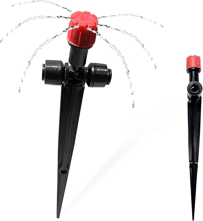 10PCS Push-to-Connect Drip Irrigation Emitters for 1/4 inch Irrigation Tubing, Two-Way Connection Adjustable Drip Emitter Sprayer with Stake, Irrigation Dripper Sprinklers for Drip Irrigation System