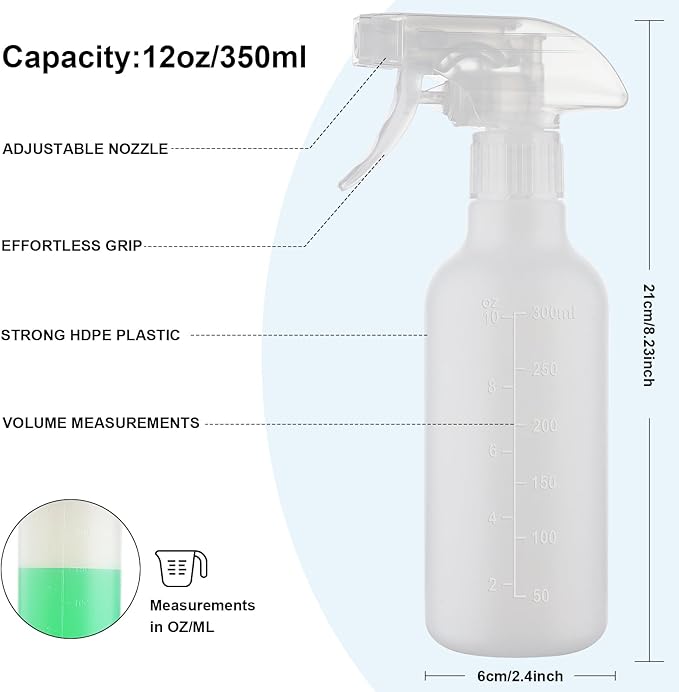 Spray Bottles 12oz HDPE Spray Bottle for Hair Mist/Stream Scale Empty Heavy Duty Refillable Containers for Cleaning Solutions, Plants, Vinegar 2 Pack (White, 12oz)