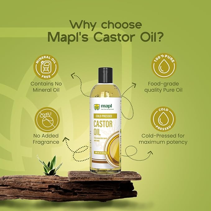 MAPL Castor Oil 6.76 Fl Oz (200 ml) – Organic Arandi Oil for Hair, Skin, Eyebrows & Eyelashes – Cold-Pressed, Unrefined & 100% Natural Superfood – Traditional Indian Hair Care, Food Grade & Edible