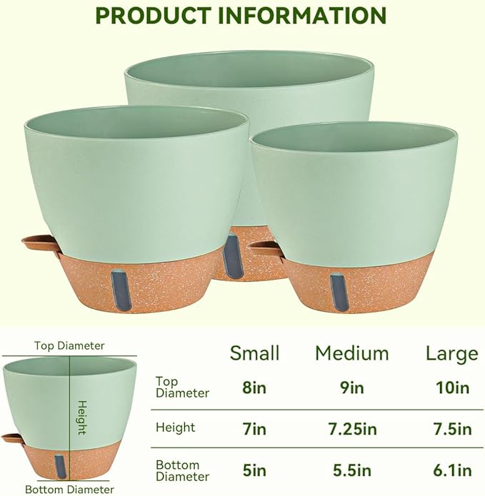 8/9/10 Inch Large Self Watering Pots, Plastic Flower Pots with Multi Mesh Drainage Holes and Water Level Indicator & Deep Reservoir for Indoor Outdoor Garden Plants and Flowers (Green)