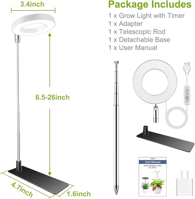 Kullsinss Grow Lights for Indoor Plants, Full Spectrum Halo Growing lamp with Detachable Base, Height Adjustable, 3 Colors, 10 Dimming, Automatic Timer, Plant Light for Succulents Small Plants