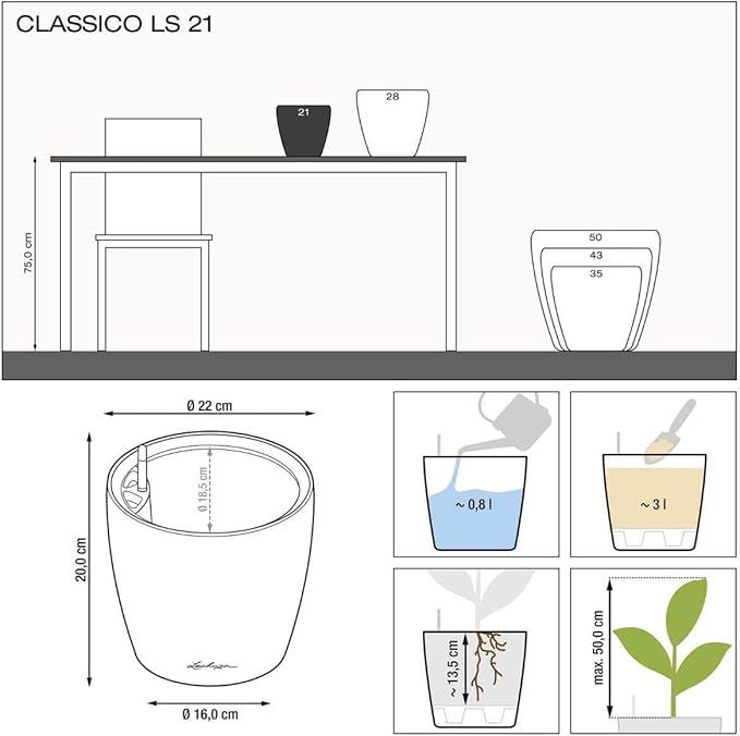 Lechuza Classico LS 21 Shiny Taupe High Gloss, Self-Watering Round Planter, D8.3 H7.9 in