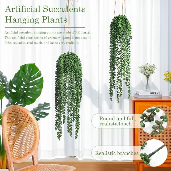 dallisten 10 Pcs Artificial Succulents Hanging Plants, Fake String of Pearls Greenery Plants, Decoration for Wall Home Backdrop Garden Windows Balcony Indoor and Outdoor (10PCS Green)