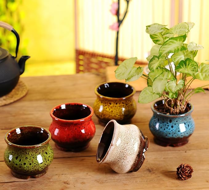 Cute Circular Ceramic Home Garden Decoration Succulent Cactus Flower Pots Container with Bamboo Tray -Plant Not Included (Blue, 3.94 Inch)