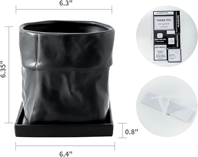Nihow Ceramic Plant Pot: 6 Inch Planter with Drainage Hole & Square Saucer for Herbs/Plants, Bag Shape Design Flower Pot for Indoor & Outdoor Garden Decor - Black
