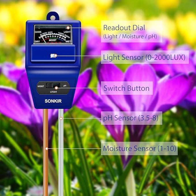 Sonkir Soil pH Meter, MS06 3-in-1 Soil Moisture/Light/pH Tester Gardening Tool Kits for Plant Care, Great for Garden, Lawn, Farm, Indoor & Outdoor Use (Blue)