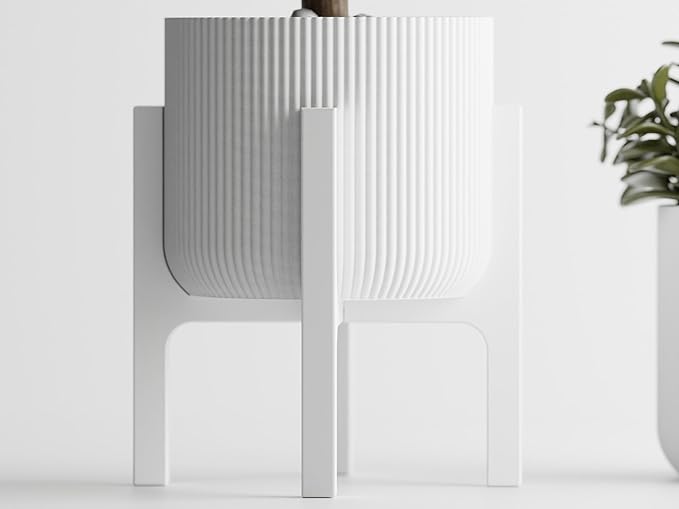Modern Geometric Planter with Stand – Decorative Indoor Plant Pot with Ridged Top & Smooth Bottom, Stylish Planter for Succulents, Herbs, Small Plants (White - Ridges only and Stand)