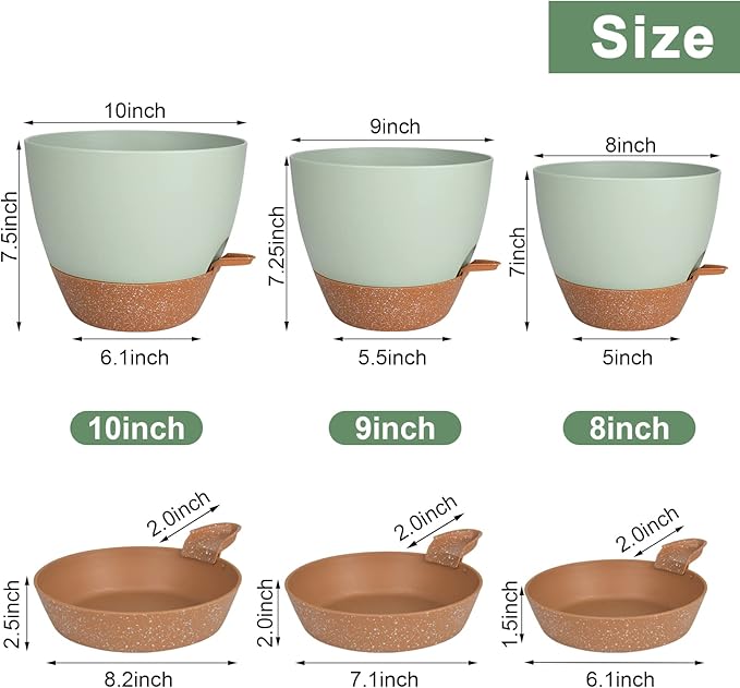 Vanslogreen Planters for Indoor Plants, 10/9/8 Inch Self Watering Plant Pots with Drainage Hole, Plastic Planters Flower Pots for Indoor Outdoor Plants (Green)