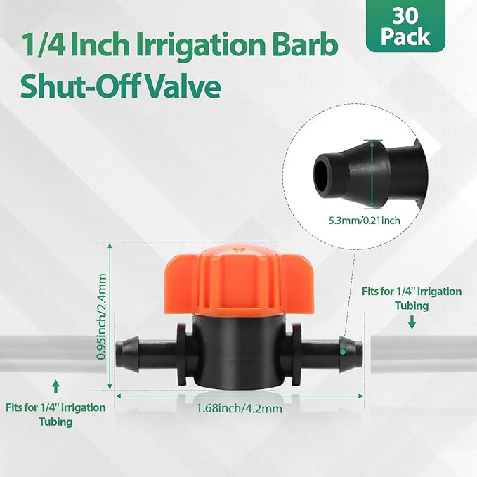 RedChili 30 Pack 1/4" Drip Irrigation Shut Off Valves, in-Line Barbed Ball Valve for 1/4 Inch Drip Irrigation Tubing Anti-Drop Drip Line Water Flow Control Valve Parts for Garden Irrigation System