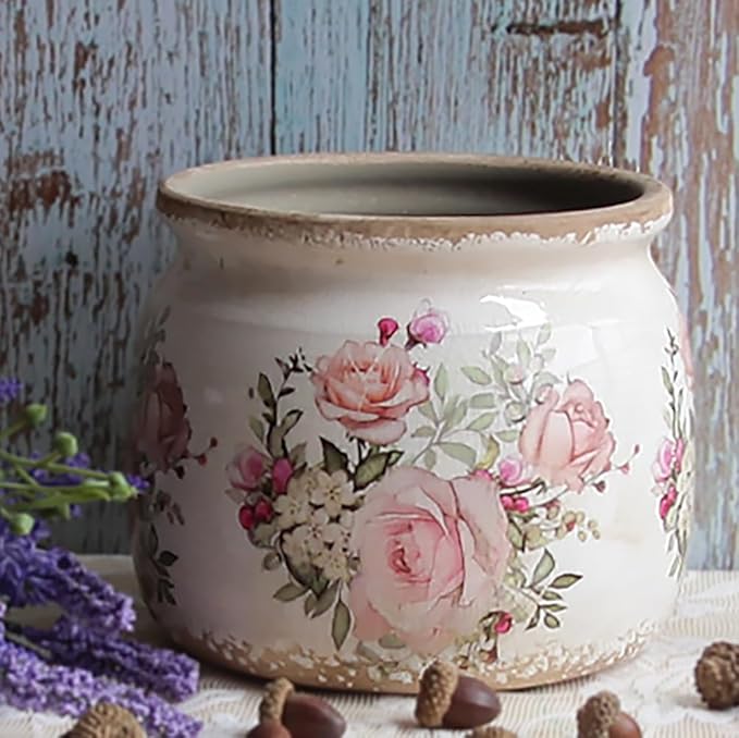 Xiaan Jiaju Ceramic Planter for Indoor Plants, 6.29 Inch Rose Pattern Crackle Glaze Flower Pot with Drainage Hole, Orchid Succulent Pots, European Farmhouse Bedroom Balcony Decor Gift, Pink