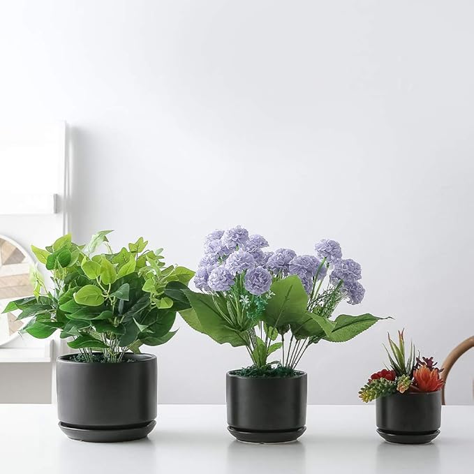 Yishang Succulent Plant Pots,6.7+5.3+4.1 in Glazed Ceramic Planters with Connected Saucers, Round Modern Ceramic Flower pots - Small to Large Sized Plant pots for All House Plants(Matte Black)