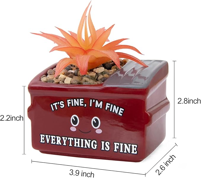 Dumpster Fire Fake Plants in Ceramic Succulent Pots Desk Decor, Emotional Support Positive Thinking Office Desk Accessories, Motivational Gifts for Women, Men, Coworkers