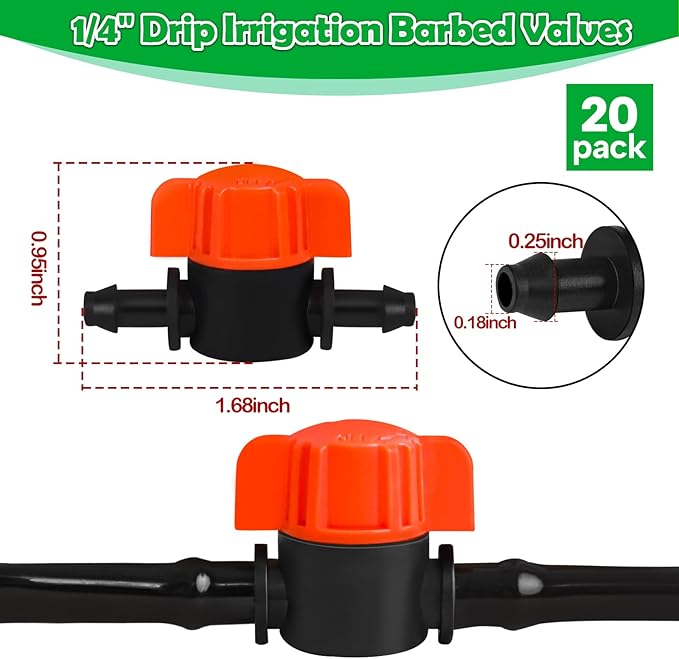 20 Pack 1/4 Inch Drip Irrigation Valve Fittings - 1/4'' Drip In-Line Shut Off Valve Anti-Drop Barbed Flow Control Valve Connectors for 1/4 Inch Drip Tubing System