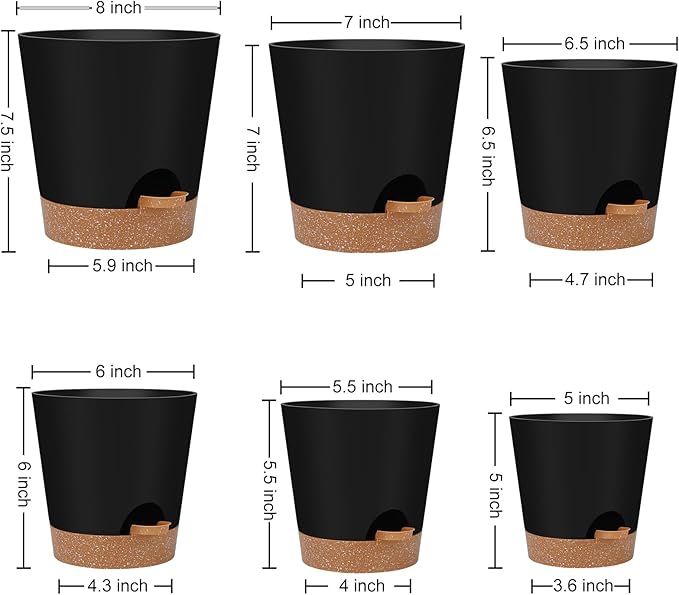 YNNICO Indoor Self Watering Planters with Drainage Holes and Saucers, 8, 7, 6.5, 6, 5.5, 5 Inches, Black, 6 Pots