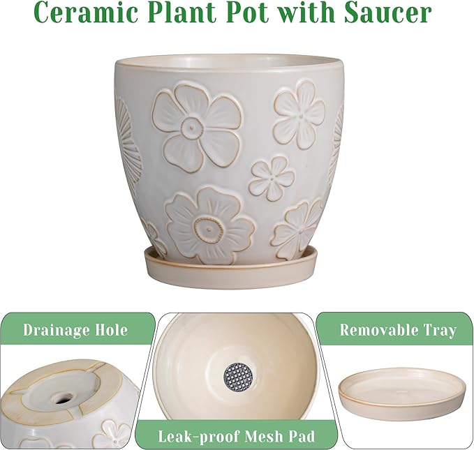 MPotTo 6.9 Inch Plant Pot with Drainage Hole and Saucer Ceramic Planter for Indoor Plant Flower Pot for Orchid Succulents Plants White