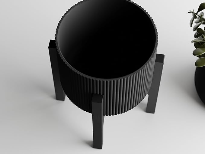 Modern Geometric Planter with Stand – Decorative Indoor Plant Pot with Ridged Top & Smooth Bottom, Stylish Planter for Succulents, Herbs, Small Plants (Black - Ridges only and Stand)
