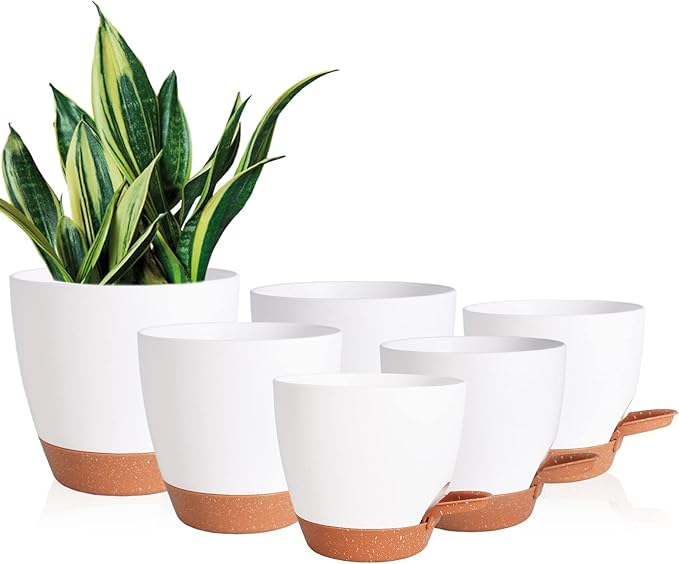 Vanslogreen Flower Pots, 8/7/6.5/6/5.5/5 Inch Self Watering Planters for Indoor Outdoor Plants with Drainage Hole, Plastic Planters for House Plants(White)