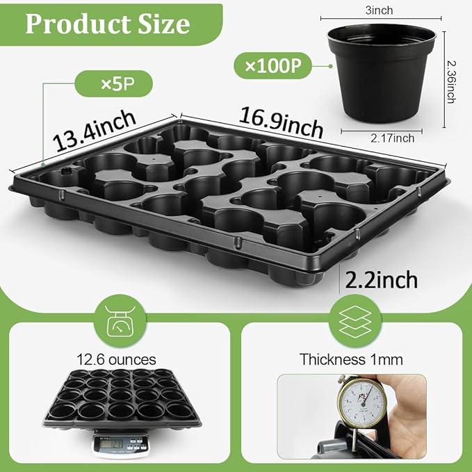 RooTrimmer 3 Inch Plastic Plant Pots 100 Pcs with 5 Pcs 20 Cell Seed Starter Trays, Thick Black Small Nursery Pots and Propagation Shuttle Trays for Seed Starting, Plant Propagation Starter Kit 5 Sets