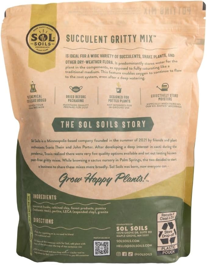 Sol Soils Succulent Gritty Mix 1 Gallon - Fast Draining Peat Moss Free Succulent Soil Potting Mix with Coconut Husk Chips, Perlite & Pumice