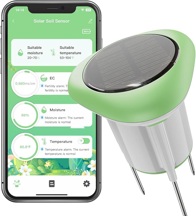 Smart 3-in-1 Soil Moisture/Temperature/Fertility Meter for Plant, Digital Soil Sensor with Tuya/Smart Life APP Push Notification, GreenVation Soil Test Kit for Garden/Farming/Lawn