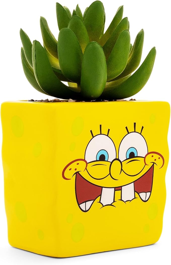 Silver Buffalo Nickelodeon Spongebob Squarepants Face 3-Inch Ceramic Mini Planter with Artificial Succulent | Flower Pot, Faux Indoor Plants