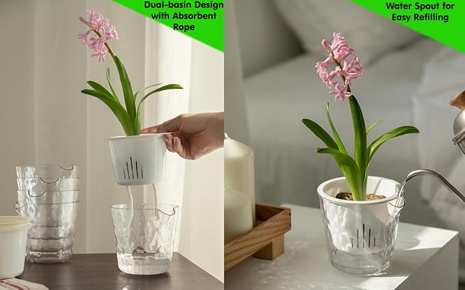 4 Inch Glacier-Textured Self Watering Garden Pots,4 Pack Clear Plastic Planters with Water Filling Spout,Flowerpot with Inner Pot for Indoor Plants,African Violets,Herbs,Succulents (White)