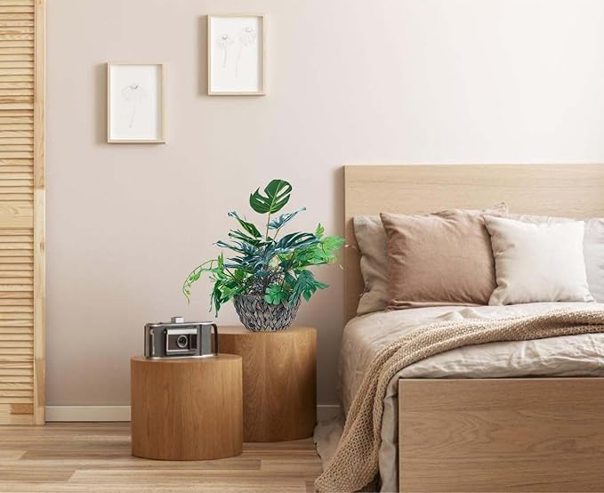 AlphaAcc 15.8" Artificial Monstera Plant in Rattan Woven Round Basket Planter Lifelike Fake Plants Decorative Artificial Plants Tropical Greenery for Kitchen Bathroom Bedroom Living Room Office Decor