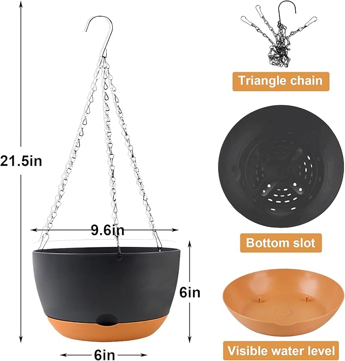 KPUVX 10 inch Plant Pot Hanging Planters Self Watering Pots for Indoor Plants, 3 Pack Plastic Hanging Basket with Removable Tray for Home Garden Porch Balcony Patio Decor(Black)