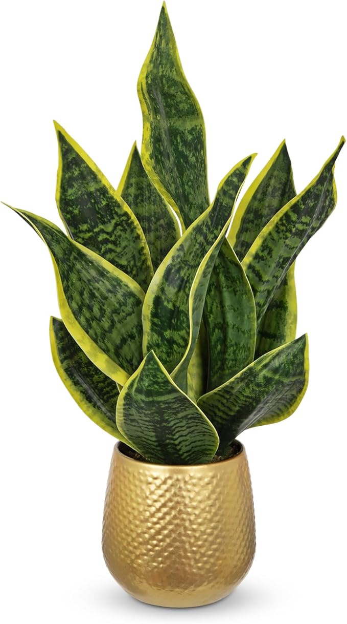 DILATATA Artificial Snake Plant in Gold Pot, 18” Faux Sansevieria Potted Plant for Home Office Decor, Fake Snake Plants Laurentii Indoor Modern Tabletop Decor Faux Mother in Law Tongue