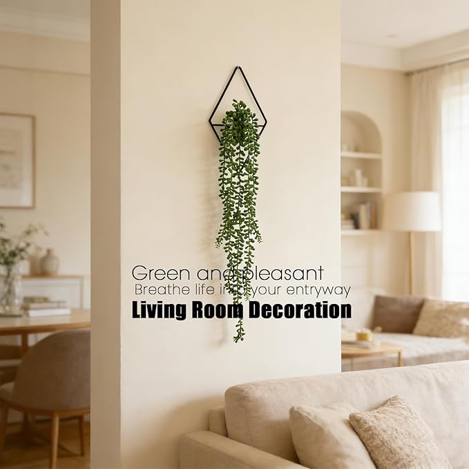 GREENTIME 2 Pack Artificial String of Pearls 22" Fake Hanging Plants with 9.8" Diamond Metal Wall Decor for Living Room Hangling Planter Indoor UV Resistant No Maintenance Boho Outdoor Bedroom