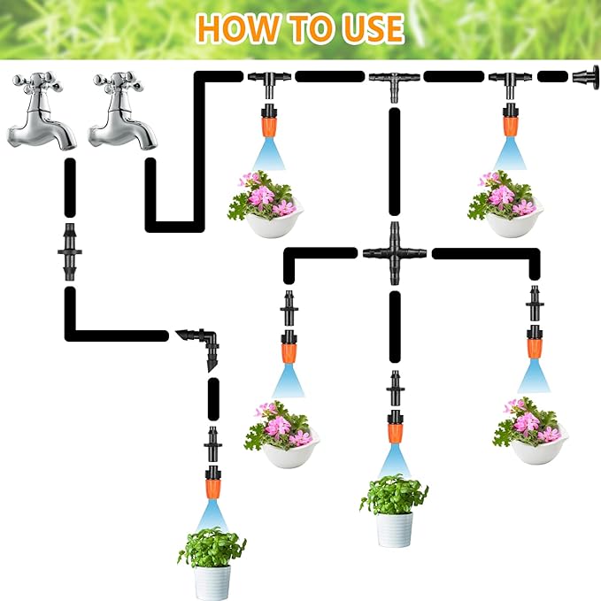 Drip Irrigation Fittings Kit for 1/4 Inch Tubing, 260 Pcs 1/4" Drip Line Barbed Connectors - 85 Couplings, 55 Tees, 10 Nozzles, 10 Nozzle Tees, 25 Single barbs, 25 Elbows, 25 Plugs, 25 Crosses