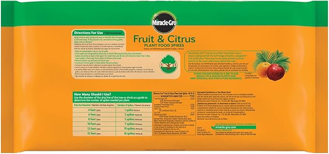 Miracle-Gro Fruit & Citrus Plant Food Spikes - 10-15-15 NPK Easy-to-Use Nutrition for Fruit and Citrus Trees, Plant Fertilizer, 12 Spikes, 3 lb. (2-Pack)