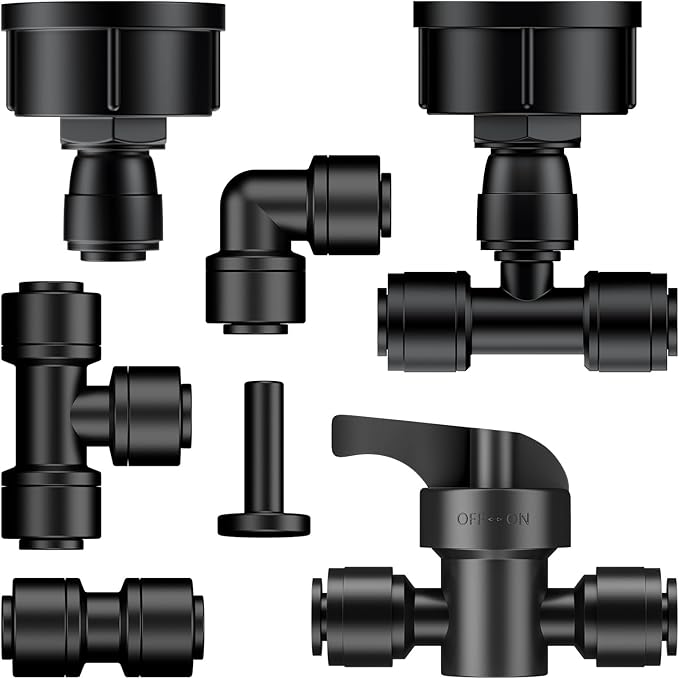 Pawfly 44 Pcs Quick Connect Drip Irrigation Fittings Kit for 1/4" Tubing, Push-to-Fit Drip Line Connectors Set with 10 Tees 10 Couplings 10 Elbows 10 End Plugs 2 Shut Off Valves & 2 Faucet Adapters