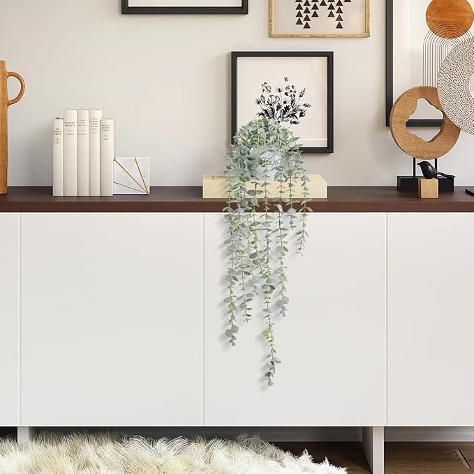 Decorative Hanging Plants for Shelf, Faux Ivy Eucalyptus Vine, Fake Greenery in White Bigger Pot (Light Green, 1PCS)