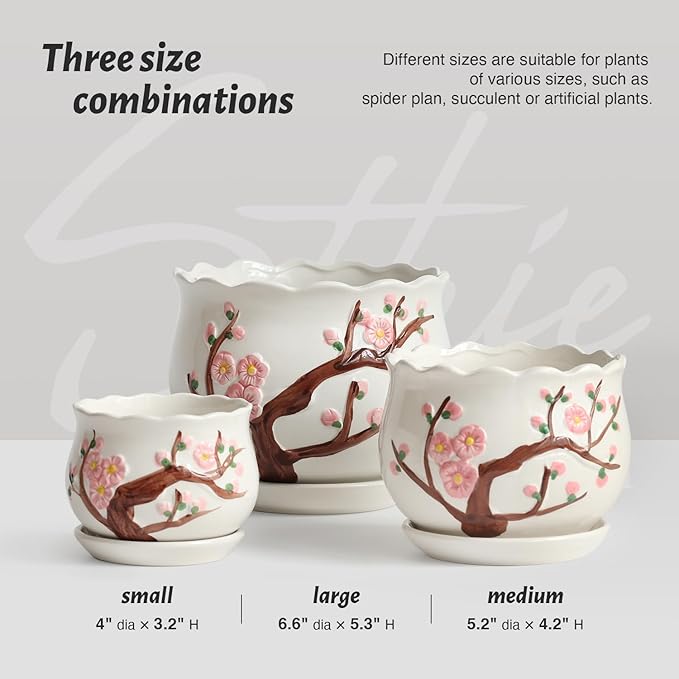 STHIE Ceramic Plant Pots with Drainage Holes and Saucers, Round Flower Pots for Indoor Plant, 4/5.2/6.6 Inches Small Flower Planters Set of 3