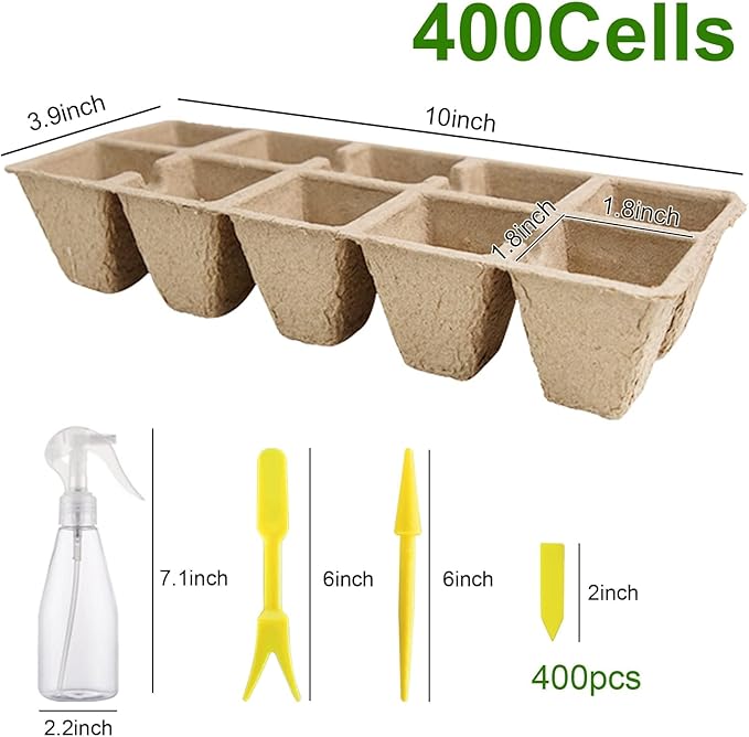 SYITCUN 400 Cells Seed Starter Tray, 40 Pack Biodegradable Seed Starter Kit, Peat Pots for Seedlings with 400 Plant Labels, 2 Seed Planting Tool and 1 Spray Bottle