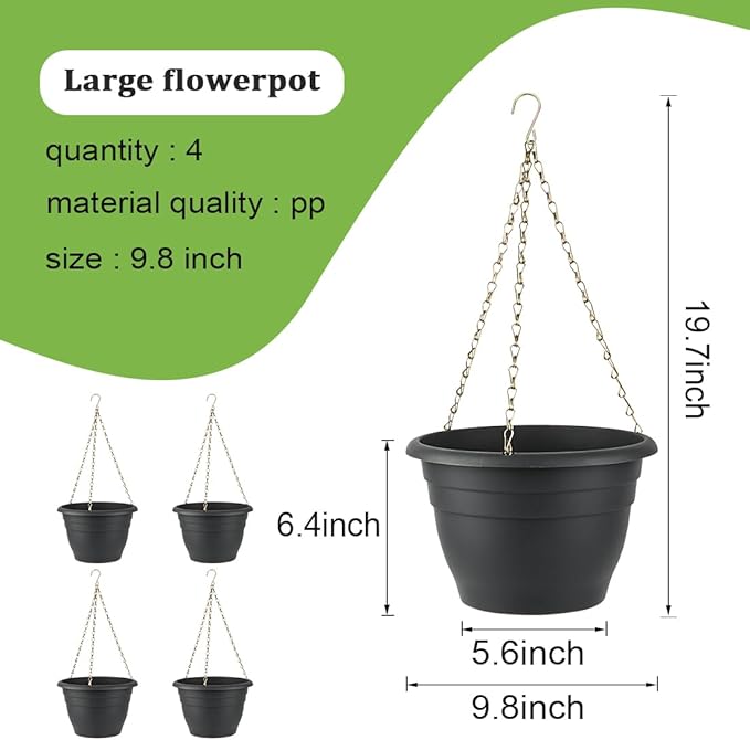 RooTrimmer Hanging Planters 10 Inch, 4 Pcs Flower Pots with Drainage Hole, Self Watering Hanging Basket for Indoor Outdoor Plants, Decor, Gray