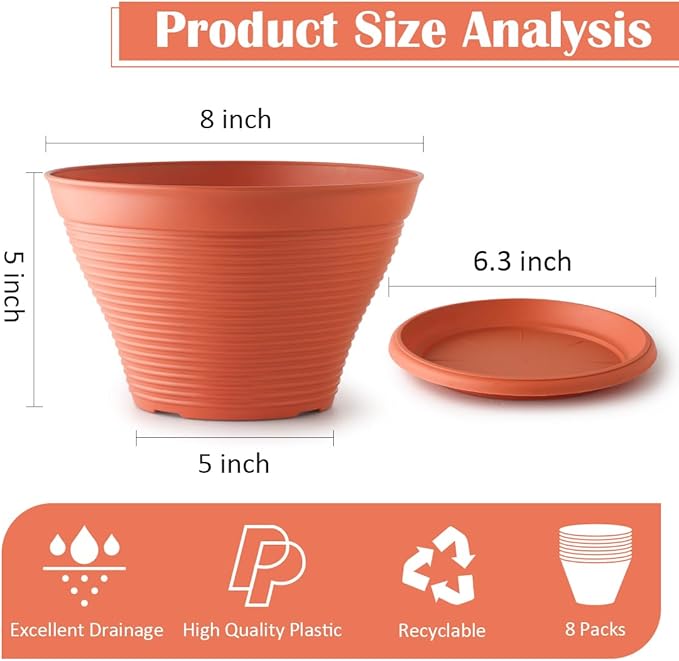 RooTrimmer 8 Pack 8 Inch Plant Pots with Saucers, Plastic Flower Pots with Drainage Holes, Large Planters for Indoor Outdoor Garden, House Plants, Flowers, Herbs, Gardening Gifts, Pottery Red
