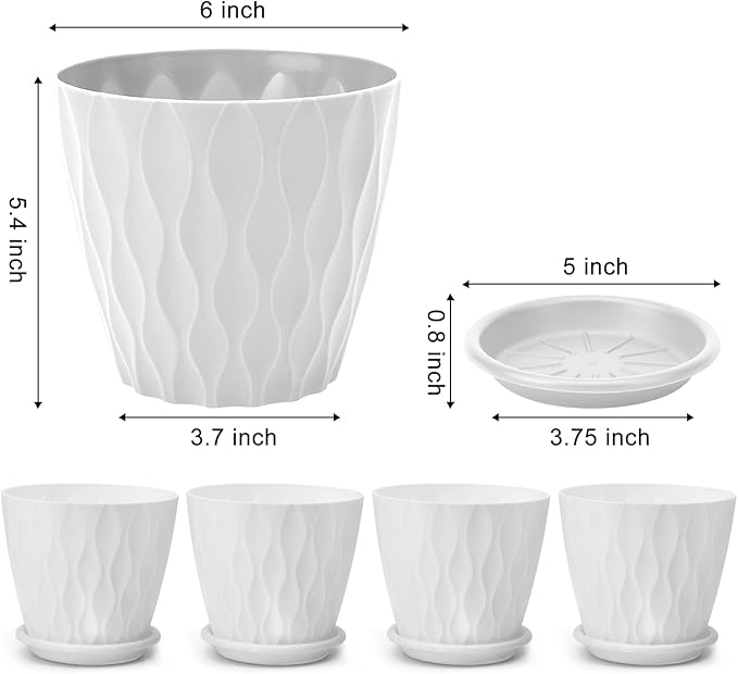 YNNICO 6 inch Plant Pots, 5 Pack Flower Pots Outdoor Indoor, Planters with Drainage Hole and Tray Saucer（White