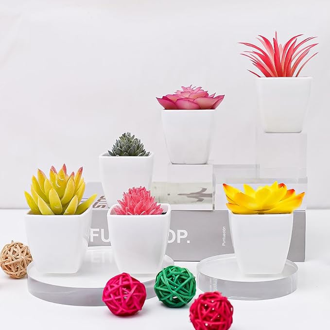 6 Pcs Pink Artificial Succulent Plants in Black Pots, Small Fake Succulents for Pink Room Decor Bathroom Decor Office Desk, Lifelike Faux Plants with Minimalist Modern Aesthetic